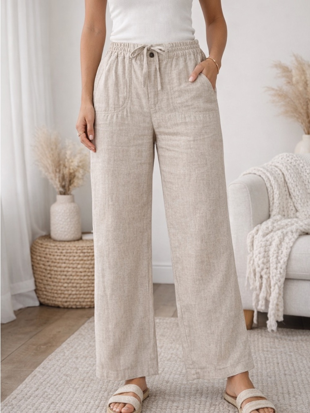Casual Linen-Blend Beige Pants